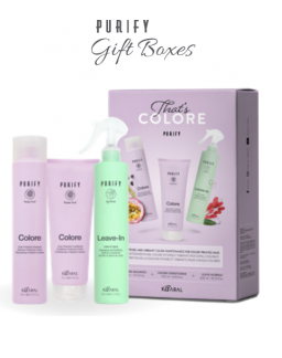 Rinkinys PURIFY COLORE dėžutėje ✾ Šampūnas (300 ml), kondicionierius (250 ml) ir nenuplaunamas fliuidas LEAVE-IN (300 ml)