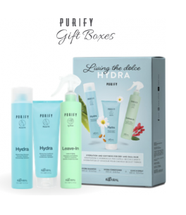Rinkinys PURIFY HYDRA dėžutėje: šampūnas (300 ml), kondicionierius (250 ml) ir LEAVE-IN nenuplaunamas fliuidas (300 ml)