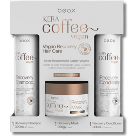 Keracoffee [VEGAN] ❦ RINKINYS plaukams - maitinantis, stiprinantis, su kavos ekstraktu, Monoi, lino sėmenų aliejumi