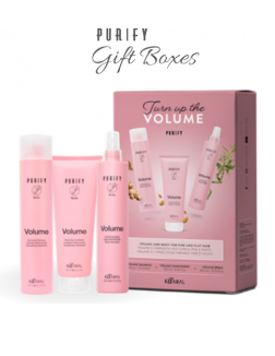 Rinkinys PURIFY VOLUME ✤ dėžutėje: šampūnas (300 ml), kondicionierius (250 ml) ir apimtį suteikiantis fliuidas (purškiamas, 300 ml)